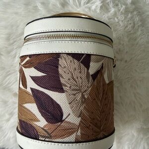 White and Brown Leaf-Print Women's Vanity Bag